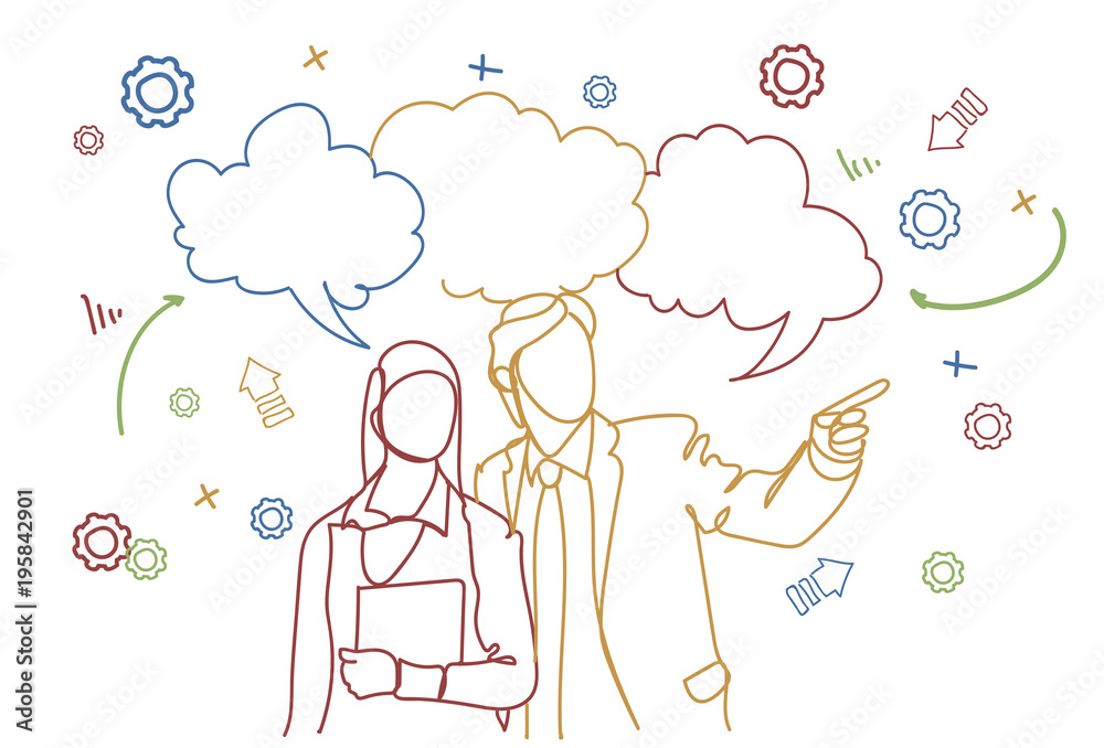 Canvas Prints silhouette business man and woman hand gesturing speaking over doodle background meeting discussion 