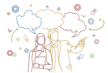 Silhouette Business Man And Woman Hand Gesturing Speaking Over Doodle Background Meeting Discussion Concept Vector Illustration