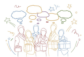 Group Of Business People Holding Gift Boxes Over Doodle Abstract Background Successful Team Award Concept Vector Illustration