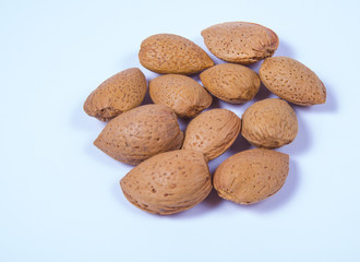 Almonds in a shell isolated on white background.