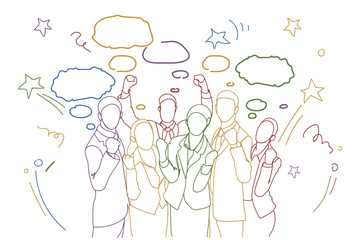 Cheerful Group Of Businesspeople Holding Raised Hands Happy Successful Team Colorful Doodle Silhouettes Vector Illustration