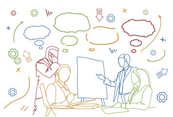 Business People Team Seminar Group Of Businesspeople Sit At Desk Together Brainstorming Meeting Doodle Vector Illustration