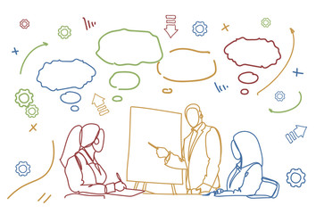 Business People Team Conference Or Training Doodle Group Of Businesspeople Sit At Desk Together Brainstorming Meeting Vector Illustration