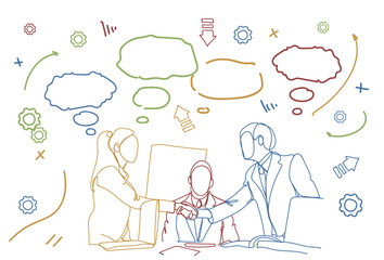 Business People Meeting Partners Hand Shake Communication Discussion Or Agreement Concept Doodle Vector Illustration