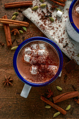 Hot chocolate, cocoa with spice and marshmallow in rustic cups.