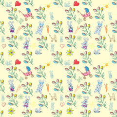 seamless pattern childrens illustration of set of element for design, bunnies flowers hearts sun yellow background