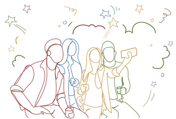 Doodle Friends Taking Selfie Photo Group Of Men And Women Make Self Portrait On Smart Phone Vector Illustration