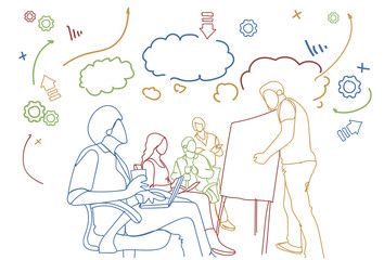 Business Training Seminar With Doodle Group Of Businesspeople Sit Together Conference Meeting Vector Illustration