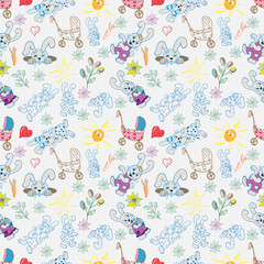 Fototapeta na wymiar seamless pattern childrens illustration of set of element for design, bunnies flowers hearts sun gray background