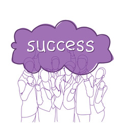 Business Success Concept Cheerful Group Of Businesspeople Holding Raised Hands Happy Successful Team Doodle Silhouettes Vector Illustration