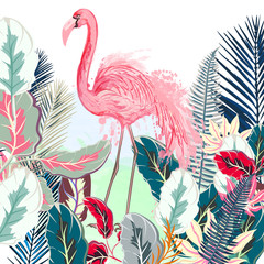 Fototapety  Tropikalna wektorowa ilustracja z różowym flamingiem i tropikalnymi liśćmi