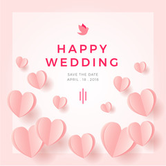 Happy Wedding postcard with love symbol paper art flying elements on white pink background. women's, birthday, mother's day, anniversary greeting card design. Eps10 vector illustration