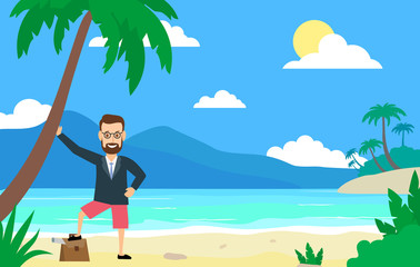 businessman freelancer on tropical island beach under palm