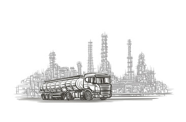 Truck with cistern trailer in an industrial zone illustration. Vector.