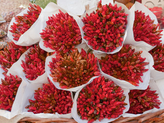 bunches of red chili pepper to have taste and beauty in the kitchen