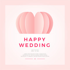 Happy Wedding postcard with love symbol paper art flying elements on white pink background. women's, birthday, mother's day, anniversary greeting card design. Eps10 vector illustration