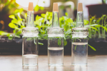 Phytohormones, plant feeding. Glass bottle with a biological drug.
