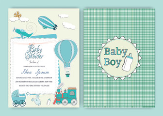 Hot air balloon baby shower party invitation card template. vector illustrator.