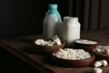 Fresh dairy products on table