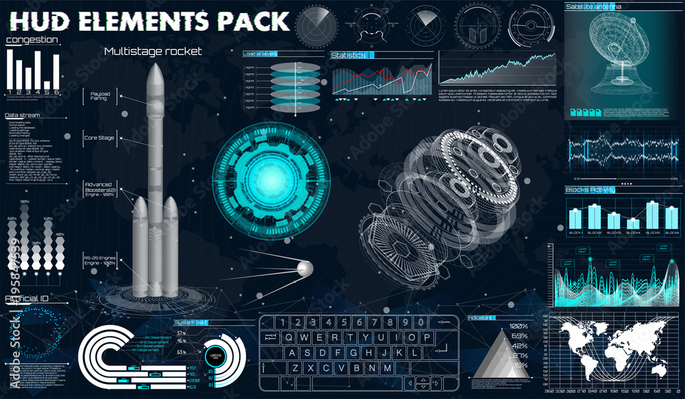 Poster space launch rockets, instrument panel, grafics, radars, space dish, sensors, 3d spaceship, in the h