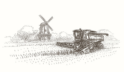 Combine harvester at work in the field near mill sketch illustration. Vector. 