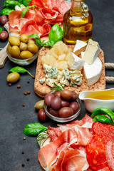 Traditional Italian products - prosciutto crudo or spanish jamon, cheese, olives