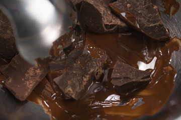 melting dark chocolate chunks in steel bowl