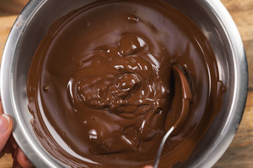 melting dark chocolate in steel bowl
