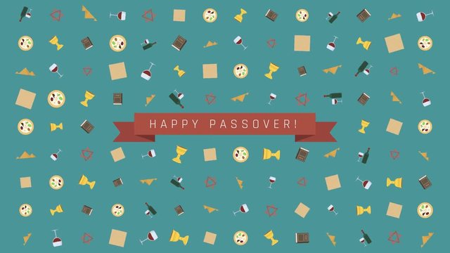 Passover holiday flat design animation background with traditional symbols and english text