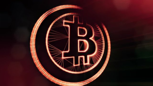bitcoin logo inside circles like coin. Financial background made of glow particles as vitrtual hologram. Shiny 3D loop animation with depth of field, bokeh and copy space. Dark background v2