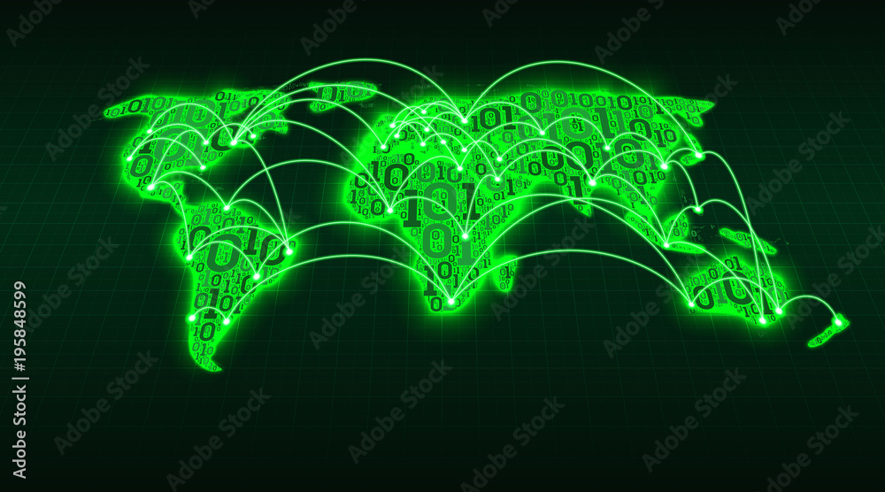 Poster Abstract world map from digital binary code on a grid background, global Internet transactions between cities and countries, well-organized layers