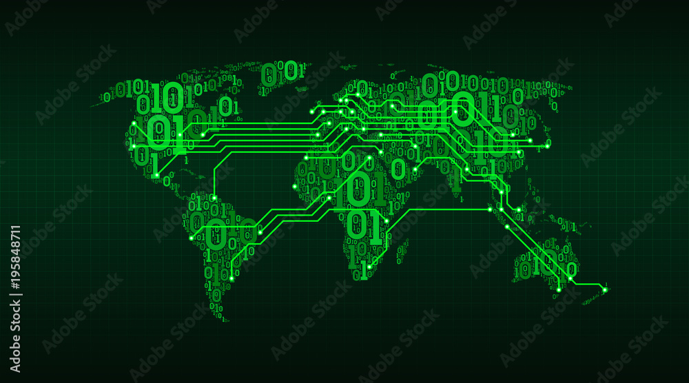 Poster Abstract world map from a digital binary code on a grid background, connection between cities in the form of a printed circuit board, well organized layers