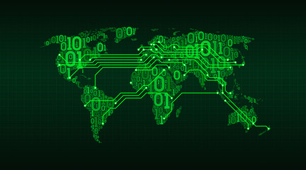 Abstract world map from a digital binary code on a grid background, connection between cities in the form of a printed circuit board, well organized layers