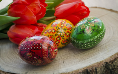 Easter eggs and tulips