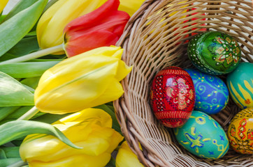 Easter eggs and tulips