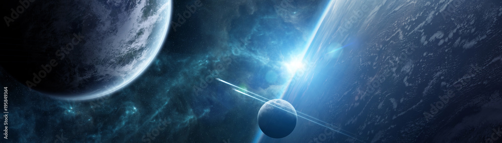Sticker panoramic view of planets in distant solar system 3d rendering elements of this image furnished by n