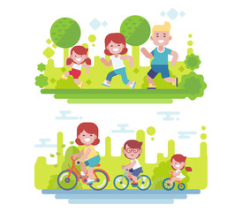 Active family vacation. Flat vector illustration.