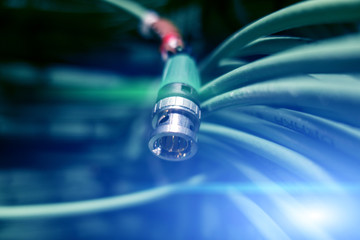 Acoustic audio cable server Green audio cable. Many acoustic cables. Сoaxial cable for data transmission server. Close up