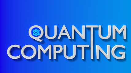 The white word quantum computing on a gradient blue wall with an atom symbol