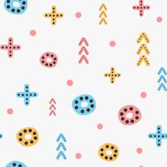 Repeated geometric shapes drawn by hand. Cute colorful seamless pattern for children.