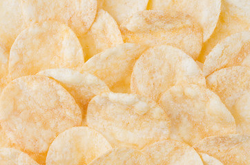 Crunchy golden potato chips pattern, top view, background.