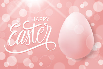 Happy Easter celebrate banner with easter egg, hand lettering text design and pink bokeh background. Vector illustration.