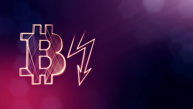 bitcoin icon and lightning bolts. Financial background made of glow particles as vitrtual hologram. Shiny 3D seamless animation with depth of field, bokeh and copy space. Violet color v2