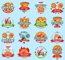 Pizza italian restaurant vector logo badge icons set illustration. Food and drink pizzeria elements typographic design label or sticker bakery. Cooking menu symbol with traditional pizza Ingredients