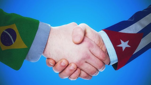 Brazil - Cuba / Handshake concept animation about countries and politics / With matte channel
