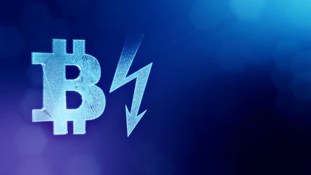 bitcoin icon and lightning bolts. Financial background made of glow particles as vitrtual hologram. Shiny 3D seamless animation with depth of field, bokeh and copy space. Blue color v2