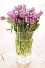 Purlpe tulips on a wood floor background natural light from the window