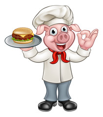 Cartoon Pig Chef Holding Burger