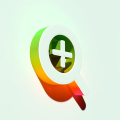 White Magnifier Plus Icon. 3D Illustration of White Add, Find, In, Magnifying Glass, Plus, Search Iso Icons With Orange and Green Gradient Shadows.