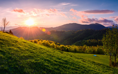 pink sunset over the mountains in springtime. gorgeous Carpathian countryside. beautiful rural...